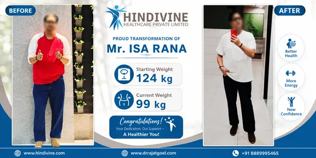 Patient result, face blurred for privacy: Mr. Isa Rana, 124 kg → 99 kg