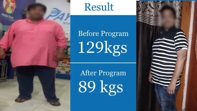 Patient result, face blurred for privacy: 129 kg → 89 kg, After a supervised programme
