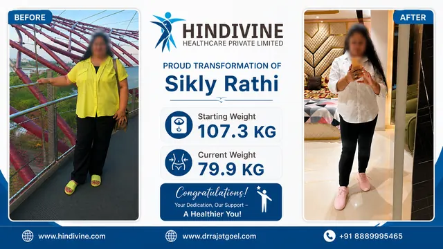 Patient result, face blurred for privacy: Sikly Rathi, 107.3 kg → 79.9 kg